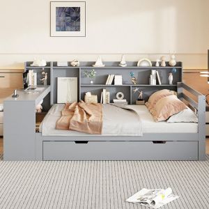 Canapé-lit en bois massif 140x200 cm avec bureau étagères compartiments de rangement et étagères avec lit escamotable gris