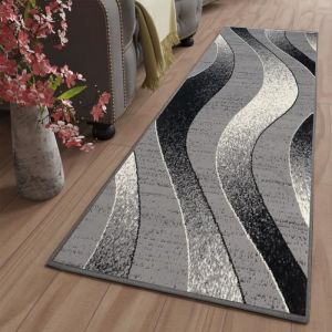 TAPISO Tapis Couloir Poil Court DREAM Gris Noir Blanc Ondes Polypropylène Intérieur 70x230 cm
