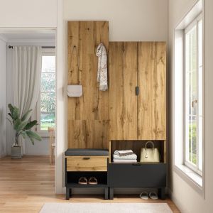 Meuble d’Entrée Penderie avec banc à chaussures et coussins Accessoires à suspendre pour tiroirs Etagères réglables Naturel