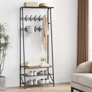 Porte-Manteau Avec Etagère à Chaussures Avec 10 Crochets Meuble dappoint Bois Avec Cadre en Métal Pour Entrée Salon Chambre