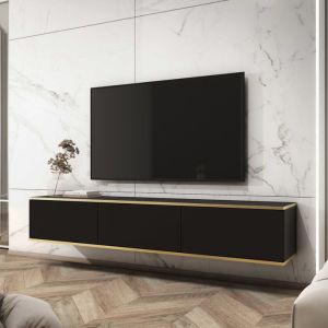 Banff TV175 – meuble TV façade lisse noire / chêne artisan largeur 175 cm hauteur 30 cm profondeur 32 cm