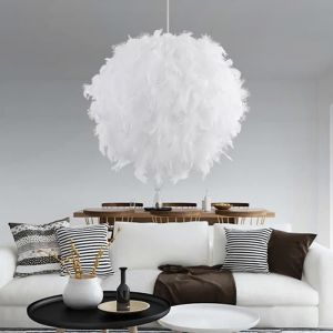 Lustre Suspension Boule en Plumes Style Simple Personnalit&eacute; D&eacute;coration de chambre 30cm Blanc