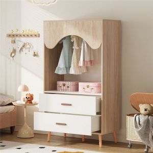 Armoire chambre pour enfant fille gar&ccedil;on avec 2 tiroirs 80&times;46&times;1415 cm armoire penderie avec rangement bois naturel et blanc