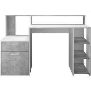 Bureau avec réhausse et rangements BOLTON - Mélamine blanc/gris béton - L1385 x H916 x P535 cm