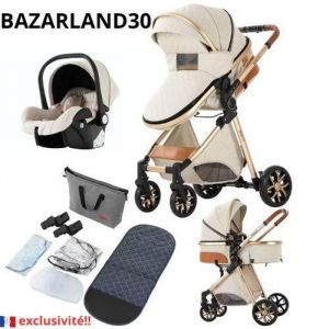 BAZARLAND30.Poussette 3 en 1 Bébé Combinée Siège-Auto Nacelle Trio Réversible Réglable Haute Qualité Roues increvables blanc cassé