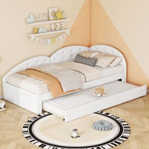 Lit Gigogne Enfant 90x200CM avec Lit Extensible 80x190CMCanapé Lit Enfant Simple - PU - Sommier à lattes - Blanc