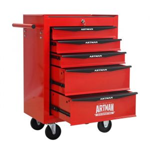 Servante datelier -Caisse a outil -Chariot &agrave; roulettes -AVEC 5 Tiroirs verrouillables rangement -Rouge -524 x 33 x 777 cm