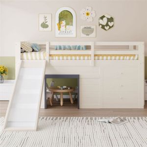 Lit Mezzanine Mi-hauteur Enfant 90x200 avec Toboggan et Barri&egrave;re Lit Simple avec Tiroirs Fen&ecirc;tre Espace Sous Le Lit Blanc Cr&egrave;me