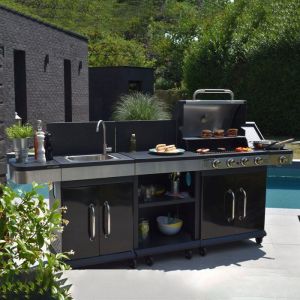 Barbecue au gaz 4 brûleurs et plancha desserte et évier - FIDGI