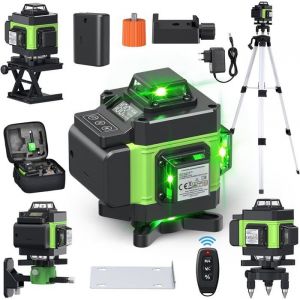 Niveau laser 4 x 360° Niveau laser 4D 16 lignes auto-nivelant 2 piles Niveau laser vert Étanche et anti-poussière Avec trépied