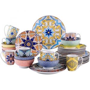 vancasso Série Jasmin Service de Table Complet en Porcelaine 32 Pièces Assiette Plate Assiette à Dessert Bols Tasse Mug