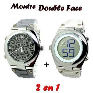 MONTRE FEMME 2 EN 1 DOUBLE FACE DIGITAL + ANALOGIQUE BLANC + GRIS ARGENT L&Eacute;OPARD