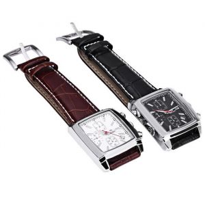 Montre Homme MEGIR M2028 Quartz Rectangle Cadran avec Date Fonction Bracelet en Cuir Sport - Noir