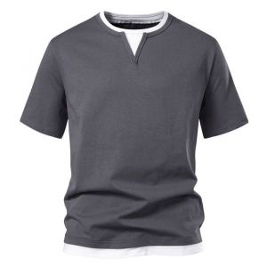 T-shirt Homme Manches Courtes Effet 2 en 1 Col V Casual Tee Shirt Coton Regular Fit Contraste Confortable - Taille EU - Gris
