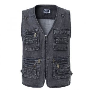 Gilet Homme en jean - INSFITY - Sans Manche Col V Multi-poches - Gris