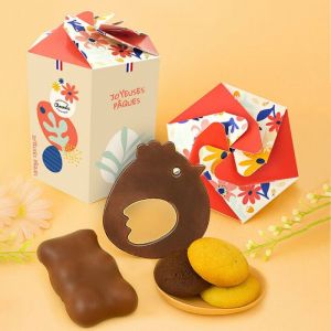 Coffret El&eacute;gance - Collection P&acirc;ques : Biscuits Poule Chocolat Lait et &eacute;clats damandes Ourson Guimauve