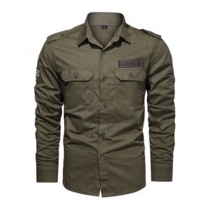 Chemise Homme Militaire Manches Longues en Coton Chemise Cargo Couleur Unie Tissu Confortable - Vert militaire