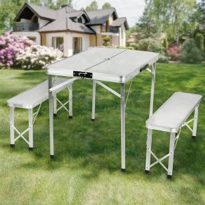 Ensemble Table + 2X Banc de Jardin en Aluminium Traiteur Pliante Table Buffet Picnic Plateau Camping Pliable avec Poignée