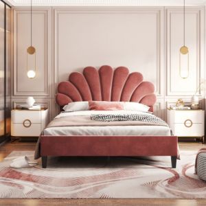 Lit capitonné 90 x 200 cm cadre de lit avec tête de lit en forme de fleur et sommier à lattes rouge haricot (Matelas Non Inclus)
