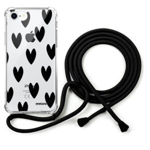 EVETANE Coque cordon compatible iPhone 7/8/ iPhone SE 2020/ 2022 - Mod&egrave;le : Coeurs Noirs