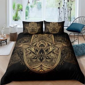 Boh&egrave;me Hamsa Mandala noir et or Parure de lit 3 pieces 1 housse de couette 200*200cm et 2 taies doreillers 63*63cm