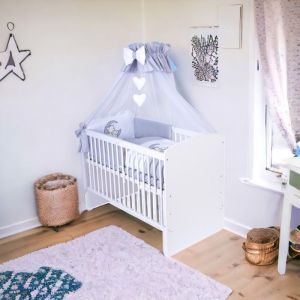 Kmbaby K2 Blanc Lit Bébé 120 x 60 cm avec parure de lit 10 pièces gris, matelas, sommier à lattes, 3 niveaux hauteur - Lune