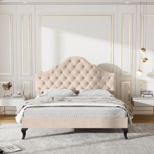 Lit adulte Lit capitonné 140x190 cm avec sommier à lattes et tête de lit réglable en hauteur lit capitonné velours beige