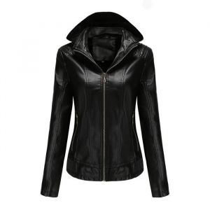 Blouson Femme Simili Cuir à Capuche Doublee Polaire Veste Chaude Zippee Slim Fit Col Montant - INSFITY - Noir