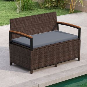 Banc de Rangement dExt&eacute;rieur COSTWAY Coffre en Rotin PE avec Coussin Dossier et Accoudoirs en Bois Acacia Sac Imperm&eacute;able Gris