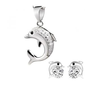 Parure Bijoux - Femme - Dauphin - Cristal - Blanc - Argent Fin 925/1000 - 4 Pièces
