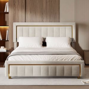 Lit Coffre 140x200 avec Sommier Lit Rembourré en Velours Lit Double Lit Capitonné Lit Adulte Lit de RangementBlanc