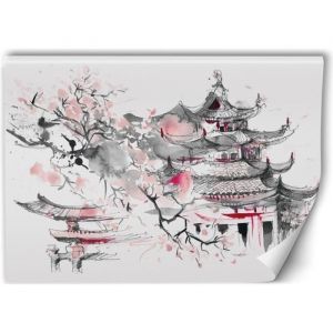 Poster mural XXL Japon 400x280 cm Papier peint intissé Fleur de cerisier Paysage japonais Monastère Artistique Photographie rose