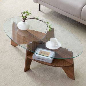 Table Basse en Verre Trempé Plateau Ovale Table de Salon Moderne Table dappoint Pour Salon Chambre 104.9x60x35.6cm Noyer