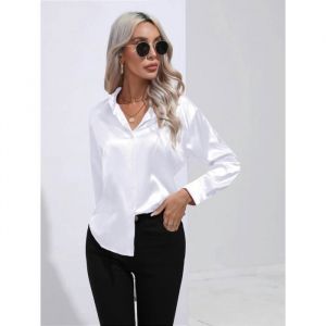 Chemisier Femme Satin Soie Col En V Manches Longues Casual Chemise Elegant Regular Fit Couleur Unie - Taille EU - Blanc