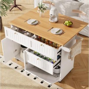 Desserte de cuisine extensible à roulettes 120x37-70x88cm Chariot Îlot de cuisine avec plan de travail 4 tiroirs 2 porte - blanc