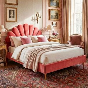 Lit Double 140x200cm - T&ecirc;te de Lit Fleur R&eacute;glable- Velours Bordeaux - Charge 250kg - Montage Rapide -Style Moderne