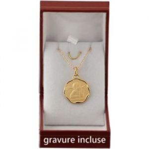 M&eacute;daille ronde de naissance bapteme communion avec gravure. Ensemble plaqu&eacute; Or avec chaine 45cm et coffret pour b&eacute;b&eacute; enfant et femme