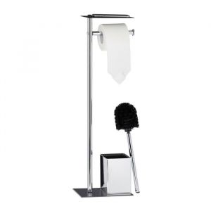 Relaxdays Ensemble support brosse WC porte-papier toilettes fer chrom&eacute; serviteur HxlxP: 66x20x13 cm noir/argent&eacute;
