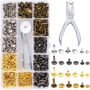 Rivets en cuir 360set 2 tailles goujons métalliques tubulaires à double rivet avec outil de réglage et pince à poinçonner