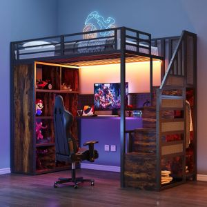 Lit mezzanine enfant 90x200 cm avec bureau LED rangements et penderie escalier de rangement m&eacute;tal noir
