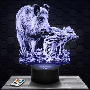 Lampe 3D - Sanglier - Jouet Figurine Cadeau Sanglier - Veilleuse Led Tactile avec socle au choix et t&eacute;l&eacute;commande