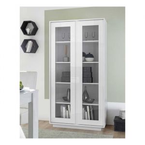 Vitrine 2 portes 4 étagères Blanc Laqué Brillant - BURANO - L 92 x l 43 x H 179