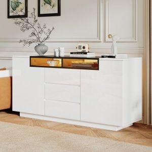 Buffet salon 140x60x48 Cm blanc/noir brillant 3 tiroirs 2 portes en L éclairage LED rangements ajustables commode moderne