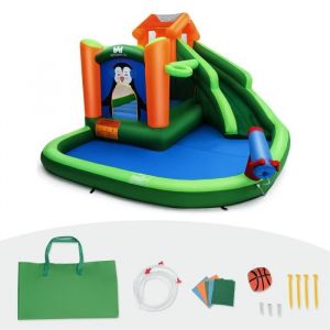 COSTWAY Ch&acirc;teau Gonflable pour Enfants 3-10 Ans Motif de Pingouin avec Toboggans AquatiquesCanon &agrave; EauPanier de Basket-ball Vert