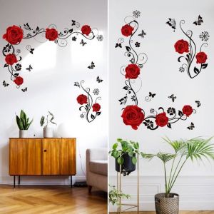 2PCS Stickers Muraux Autocollant Mural Fleurs Stickers Muraux de Roses Rouges Sticker Muraux Fleurs et Papillons Stickers Muraux