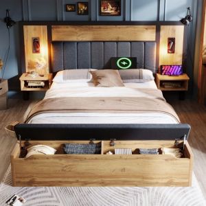 Lit capitonn&eacute; 180x200cm lit double avec liseuse et port USB-C lit 2 places table de chevet et banc de rangement m&eacute;tal bois ch&ecirc;ne