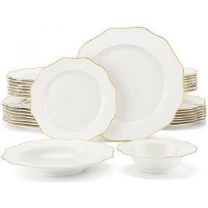 MALACASA Vaisselle Série Lotus-GT 32 Pièces Service Complet de Table en Porcelaine avec bord doré pour 8 Personnes - Blanc