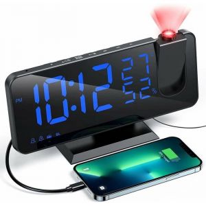 Reveil Projecteur avec Radio Horloge Num&eacute;rique R&eacute;veil avec Port de USB 3 Niveaux de Luminosit&eacute; R&eacute;glables Snooze et 15