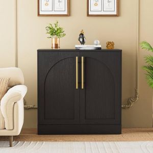 GOOBUY Buffet Bas &agrave; 2 Portes Meuble de Rangement avec Manche en M&eacute;tal Dor&eacute; Porte &agrave; Motif en Arc Support 50kg 80x40x78cm Noir