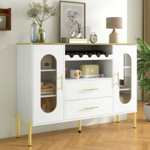 Buffet 2 portes et 2 tiroirs Buffet bas Buffet bahut de salon Armoire de cuisine Pieds en m&eacute;tal Meuble de rangement Blanc